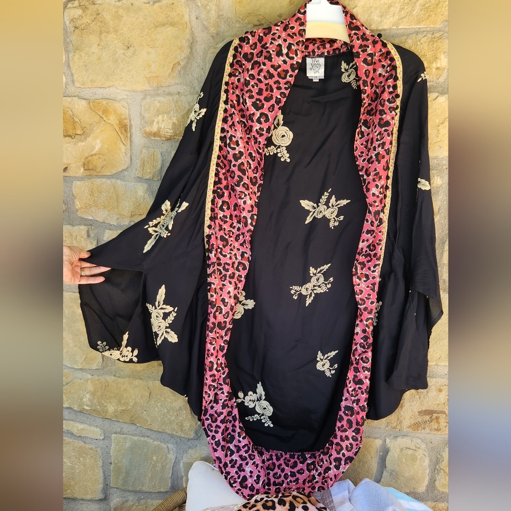 Black Kimono with Pink Leopard Trim and Floral Embroidery